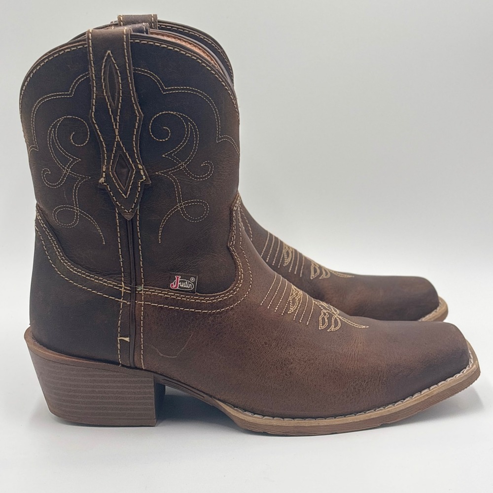 Justin Womens Cowboy Boots Size 10B Brown Leather Square Toe MJ2103 Gypsy - Picture 4 of 10